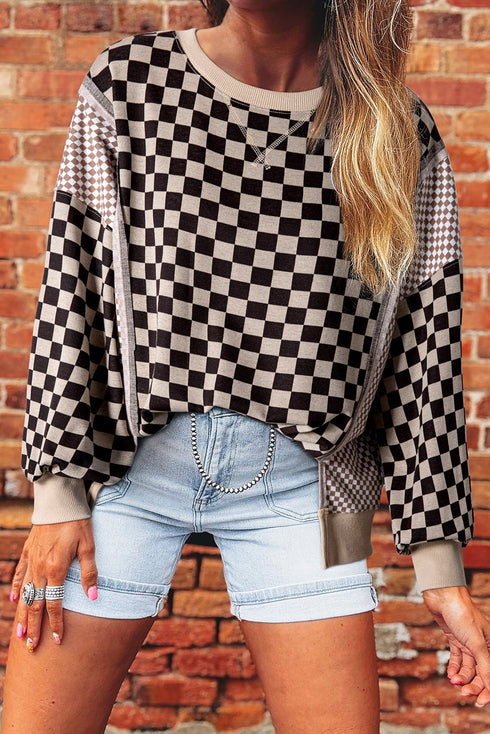 Mixed Checkered Patchwork Drop Shoulder High Low Top